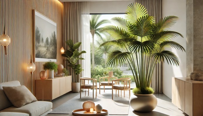 Uma Areca-bambu (Dypsis lutescens) em um ambiente interno moderno, colocada em um vaso decorativo. O espa