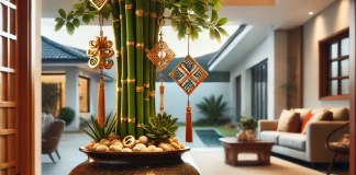 Bambu da Sorte em um vaso de vidro com água, posicionado na entrada de uma casa moderna, destacando a harmonia e boas energias do Feng Shui (2)