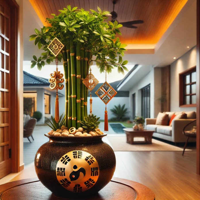 Bambu da Sorte em um vaso de vidro com água, posicionado na entrada de uma casa moderna, destacando a harmonia e boas energias do Feng Shui (2) Bambu da Sorte em um vaso de vidro com água, posicionado na entrada de uma casa moderna, destacando a harmonia e boas energias do Feng Shui (2)