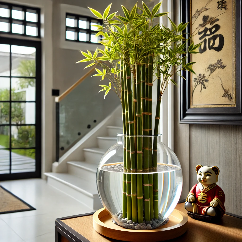 Bambu da Sorte em um vaso de vidro com água, posicionado na entrada de uma casa moderna, destacando a harmonia e boas energias do Feng Shui