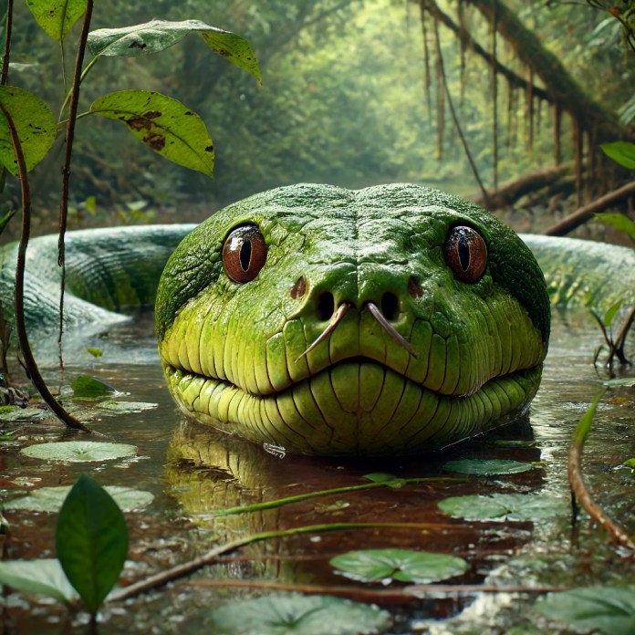 DALL·E 2025-02-18 09.19.29 - A highly realistic image of a green anaconda (Eunectes murinus) submerged in a murky river, with only its eyes and nostrils above the water. The snake O método de caça subaquática da sucuri explicado