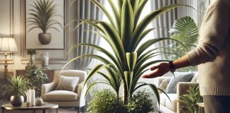 Espada de São Jorge sendo observada por uma pessoa que está cuidando da planta (