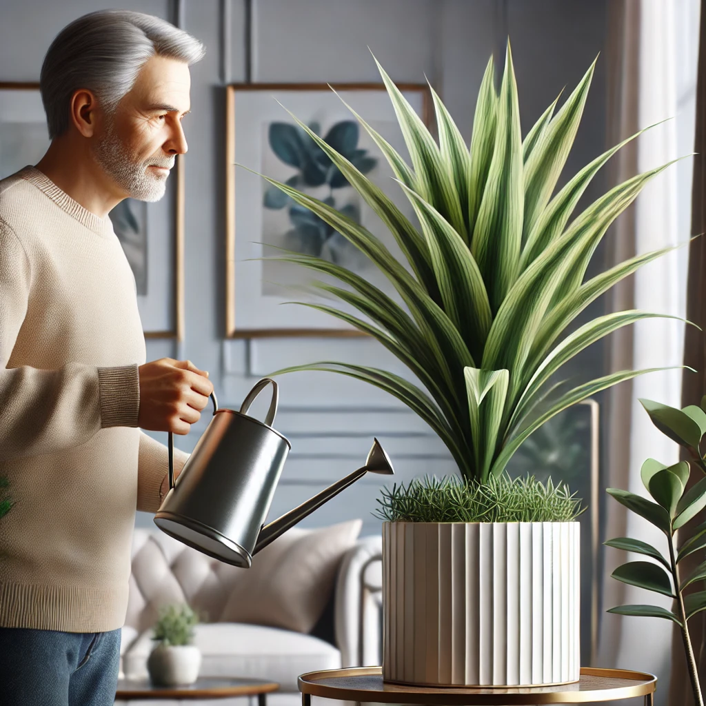 Espada de São Jorge sendo observada por uma pessoa que está cuidando da planta (