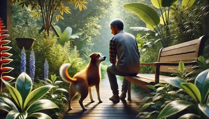 DALL·E 2025-03-24 15.15.19 - A realistic image of a dog curiously approaching a seated human in a garden. The dog looks friendly and interested, with ears slightly raised and tail (1) 5 reações comuns dos animais à presença humana