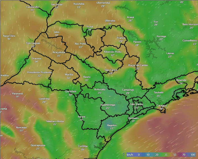 Mapa mostra intensidade dos ventos que o ciclone pode causar Mapa mostra intensidade dos ventos que o ciclone pode causar