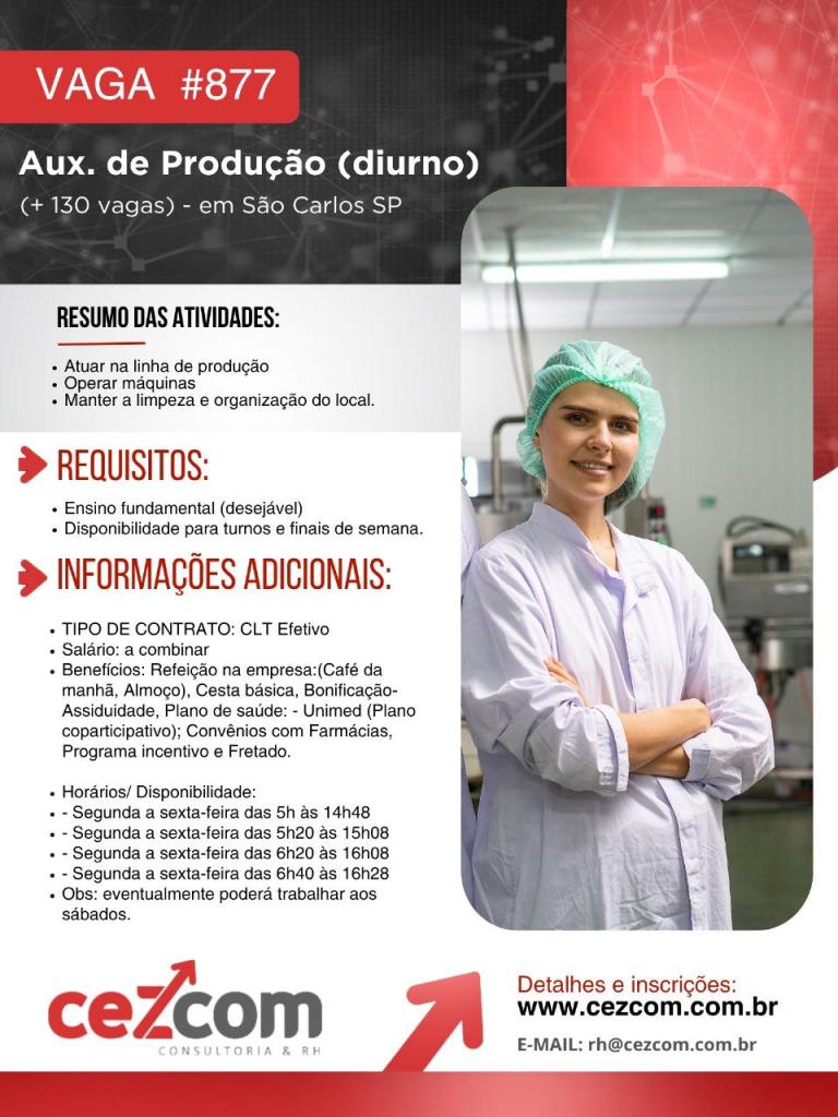 Empresa abre mais de 130 vagas para auxiliar de produção em São Carlos