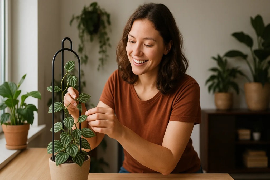 6 benefícios do tutor de metal na sua peperômia climbing para formar estruturas elegantes e destacar o desenho das folhas