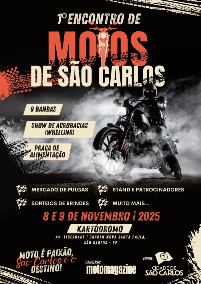 1º Encontro de Motos, que acontece nos dias 08 e 09 de novembro de 2025, das 10h às 23h, na Praça do Kartódromo, localizado na Av. Liberdade, Jardim Nova Santa Paula