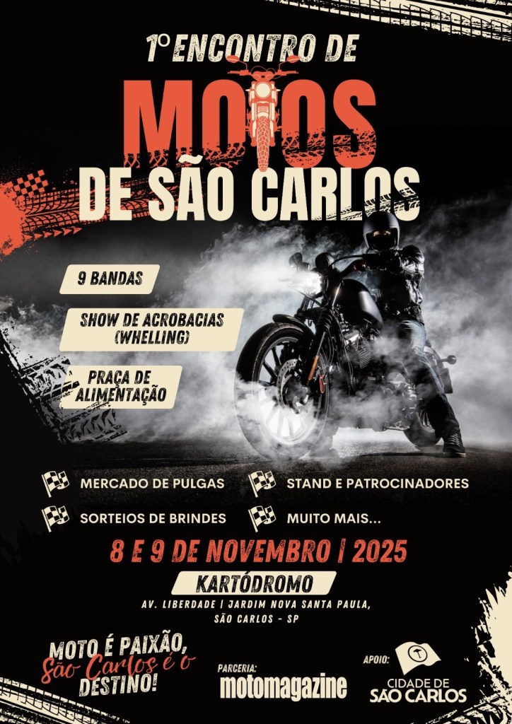 1º Encontro de Motos, que acontece nos dias 08 e 09 de novembro de 2025, das 10h às 23h, na Praça do Kartódromo, localizado na Av. Liberdade, Jardim Nova Santa Paula