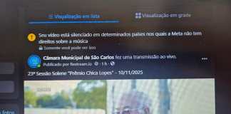 A Câmara Municipal de São Carlos informa que, devido a questões relacionadas a direitos autorais, a 38ª Sessão Ordinária, realizada hoje (11/11), não está sendo transmitida ao vivo. O mesmo problema foi identificado durante a transmissão da 23ª Sessão Solene "Prêmio Chica Lopes", ocorrida ontem (10/11).