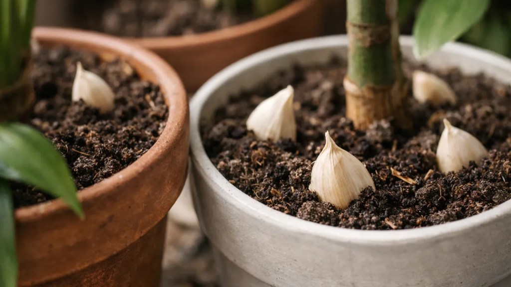 Enterrar dentes de alho nos vasos de plantas evita fungos e insetos