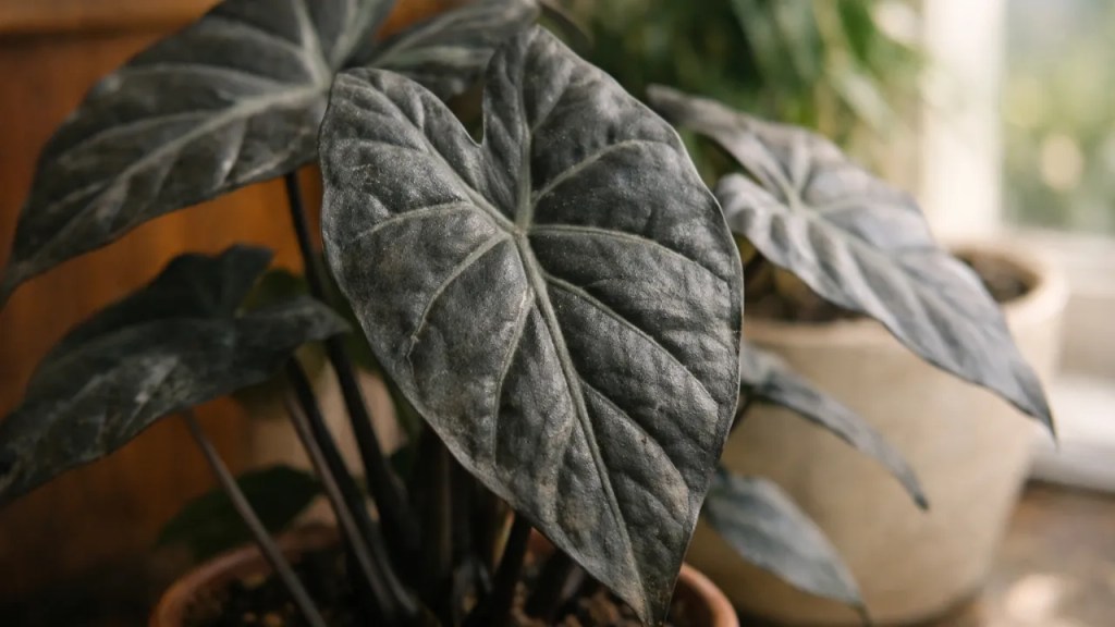 Alocasia metálica o motivo que faz o brilho desaparecer mesmo em ambiente claro