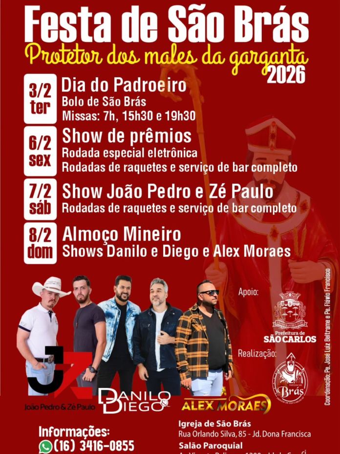 Festa de São Brás será realizada em fevereiro com programação religiosa e cultural em São Carlos Festa de São Brás será realizada em fevereiro com programação religiosa e cultural em São Carlos