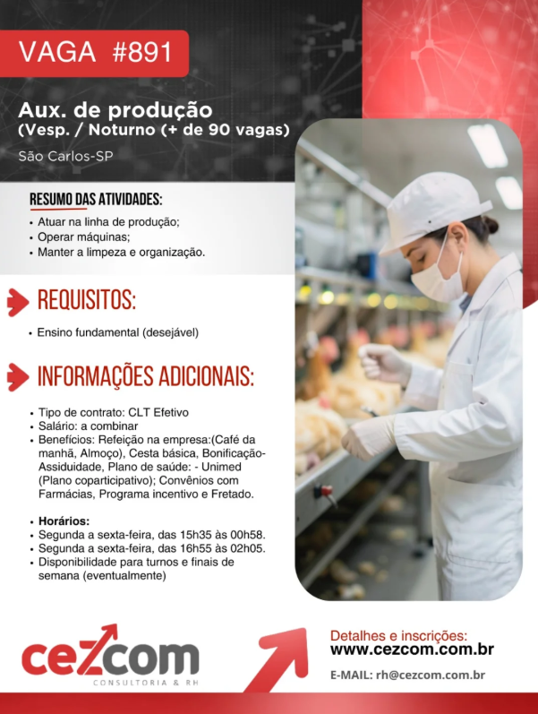 Uma empresa de São Carlos está com mais de 90 vagas abertas para o cargo de auxiliar de produção, com oportunidades destinadas ao período da tarde e noite. A contratação será em regime CLT efetivo.