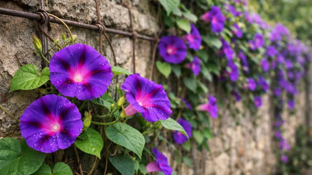 Ipoméia-roxa conduções bem feitas transformam muros simples em painéis floridos intensos