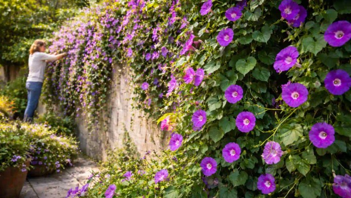 Ipoméia-roxa conduções certas transformam muros simples em painéis vivos de alto impacto