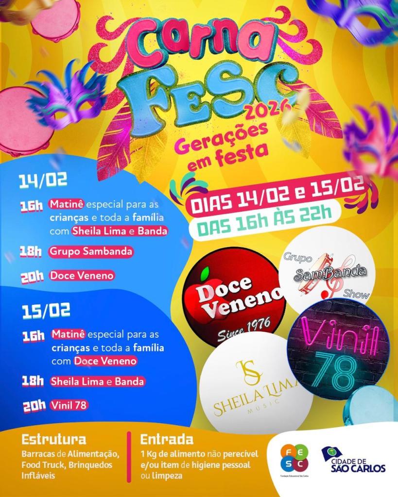 CarnaFesc: Carnaval da Fesc 2026 promete folia para todas as gerações em São Carlos