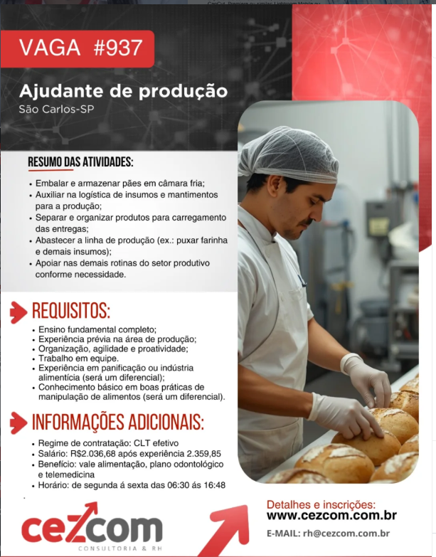 A vaga para ajudante de produção representa mais uma oportunidade de inserção no mercado de trabalho industrial no município, especialmente para profissionais com experiência no setor produtivo.
