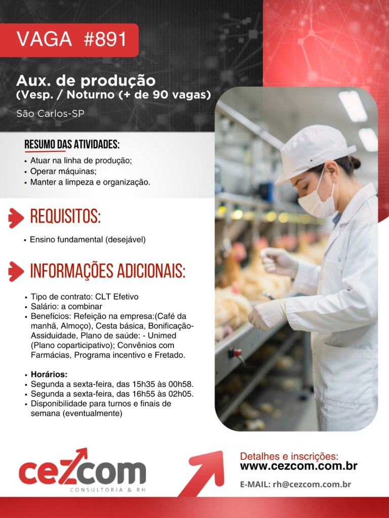 Vagas para Auxiliar de Produção em São Carlos