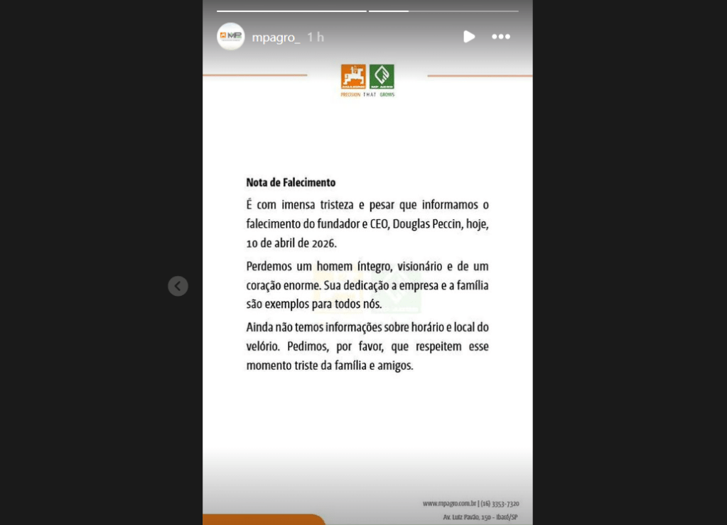 MP Agro comunica o falecimento de Douglas Peccin