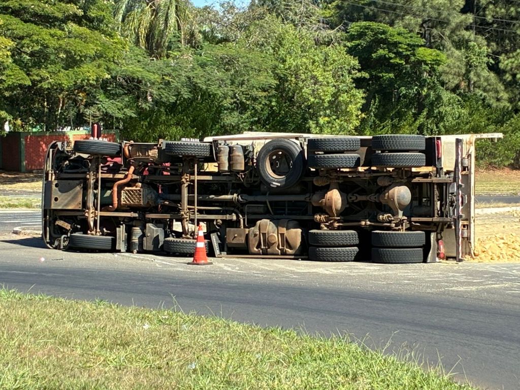 Um caminhão carregado com serragem tombou na manhã desta terça-feira (5), na Avenida Dr. José Reali, localizada no Distrito Industrial de São Carlos.
