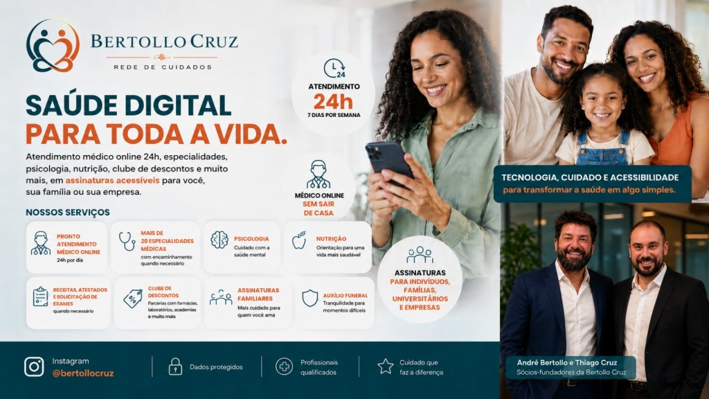 A Bertollo Cruz está lançando em São Carlos uma nova forma de acesso à saúde: um serviço de assinatura que combina atendimento médico online, especialidades médicas, psicologia, nutrição, clube de descontos e opções de cuidado para pessoas, famílias, universitários e empresas.