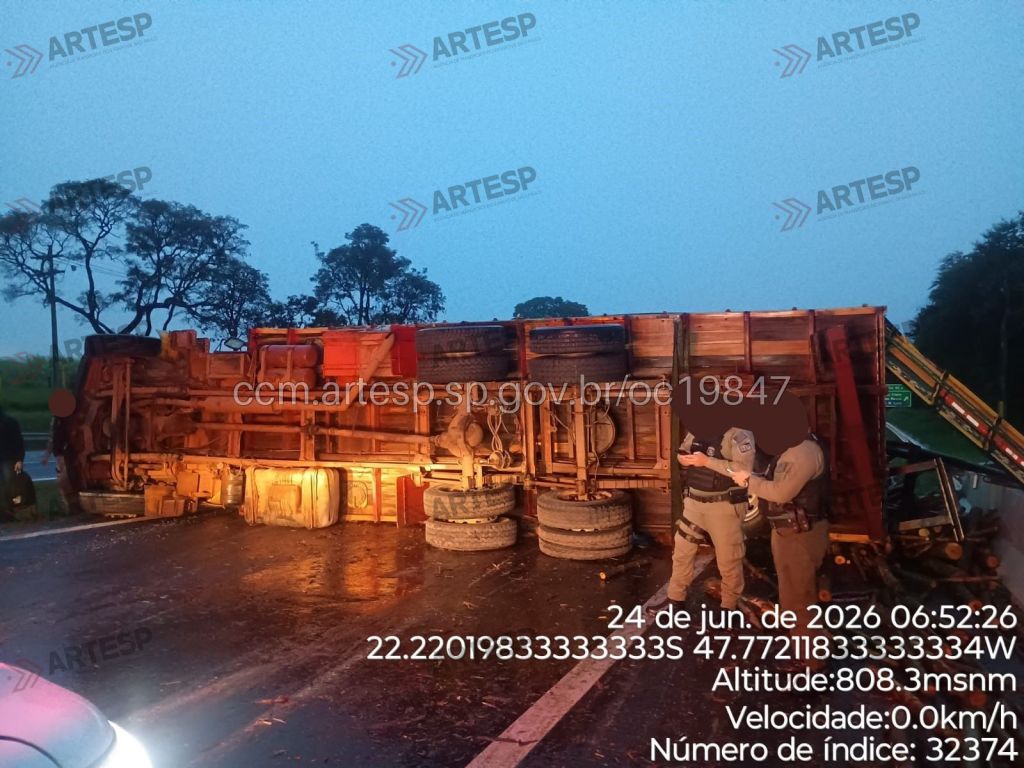 Na manhã chuvosa desta quarta, 24, um caminhão carregado com madeira tombou no km 92, da SP 225, em Itirapina. Devido ao acidente, o trânsito no local está bloqueado, segundo a ARTESP.
