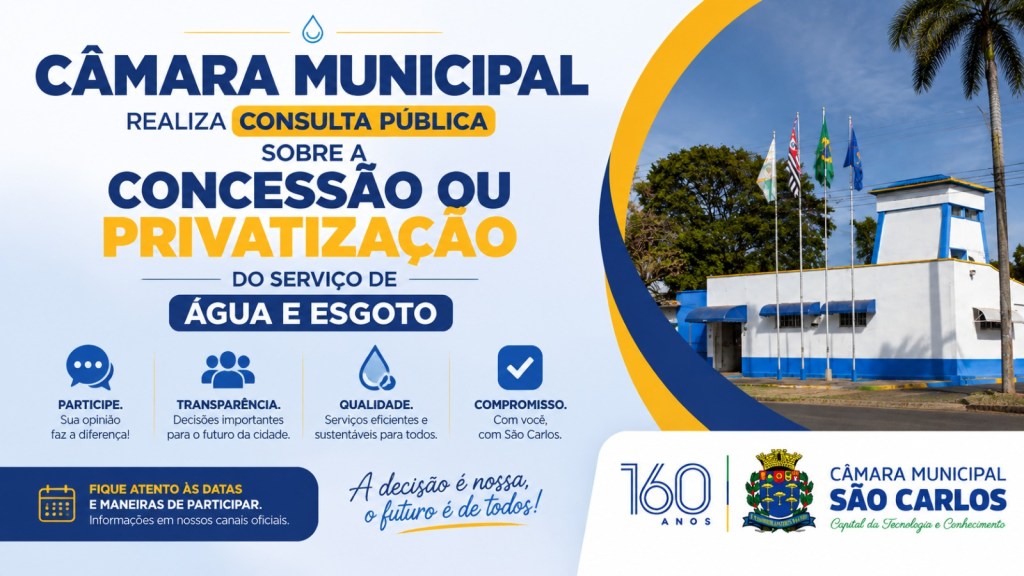 A Câmara de São Carlos abriu consulta pública para ouvir a população sobre o futuro dos serviços de água e esgoto atualmente executados pelo SAAE.