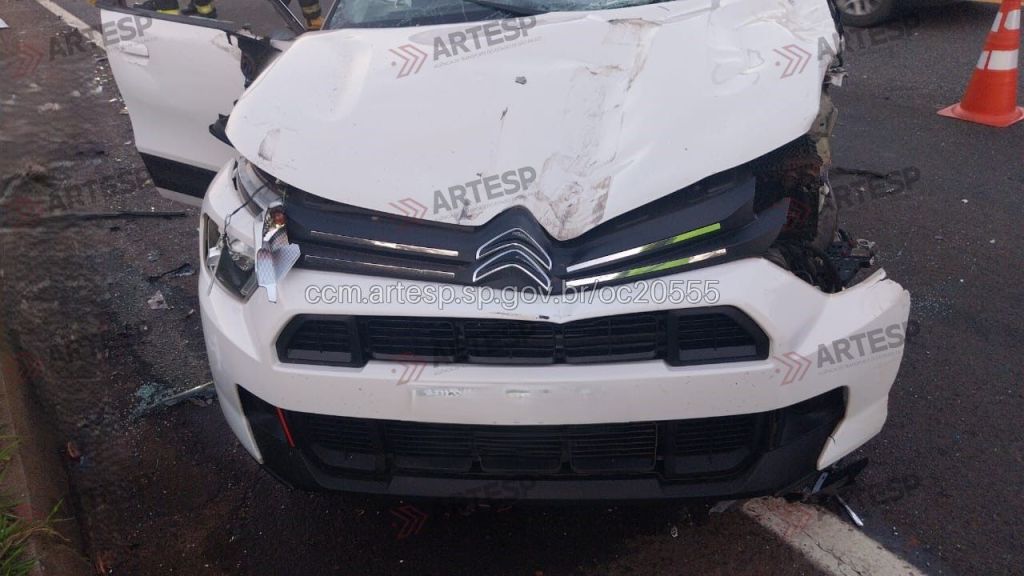 Com o impacto do acidente, o veículo de passeio teve grandes avarias, o caminhão também ficou danificado