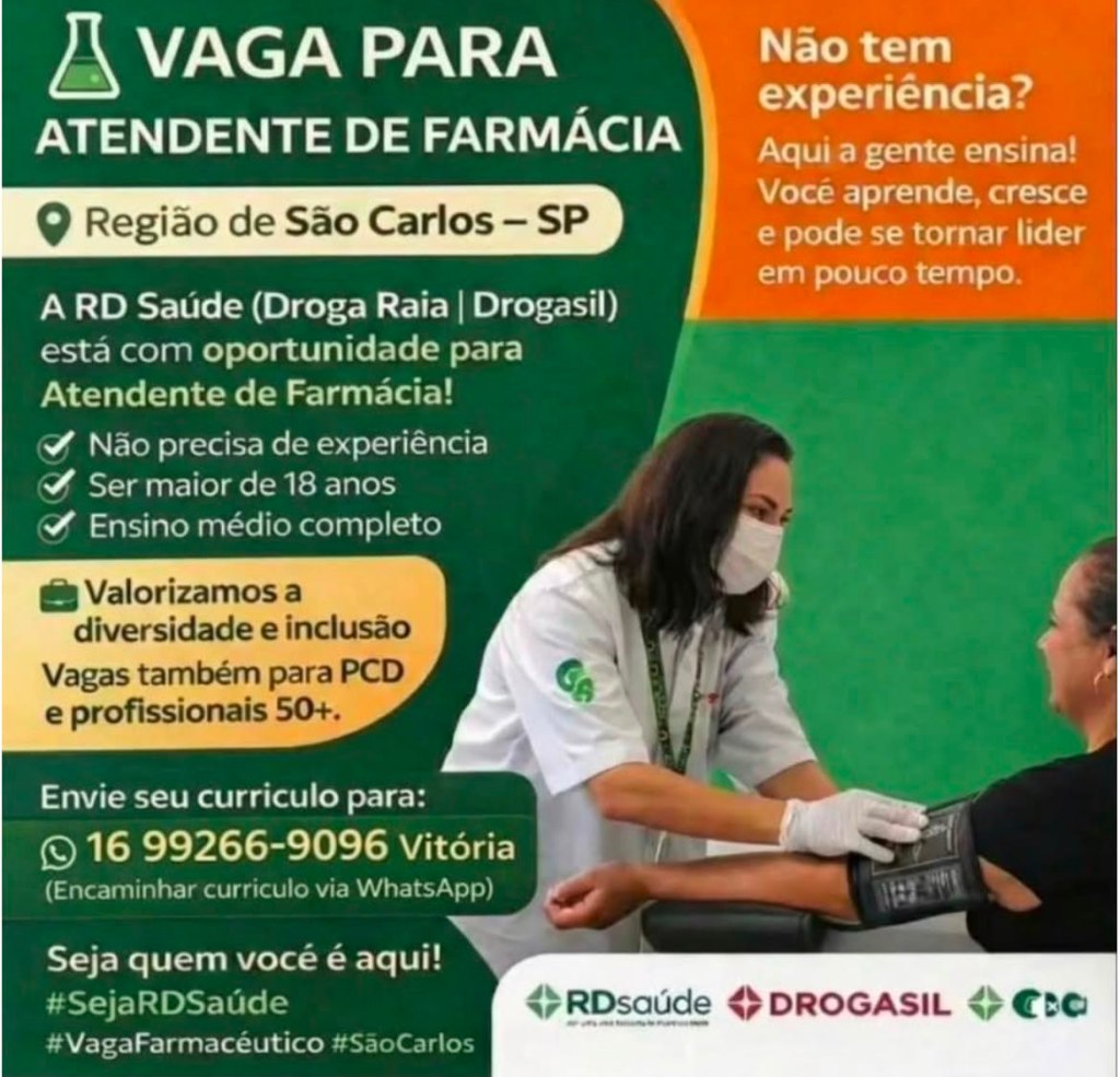 Droga Raia está contratando farmacêuticos e atendentes de farmácia em São Carlos e região. Há oportunidade que não exige experiência. Veja os requisitos.