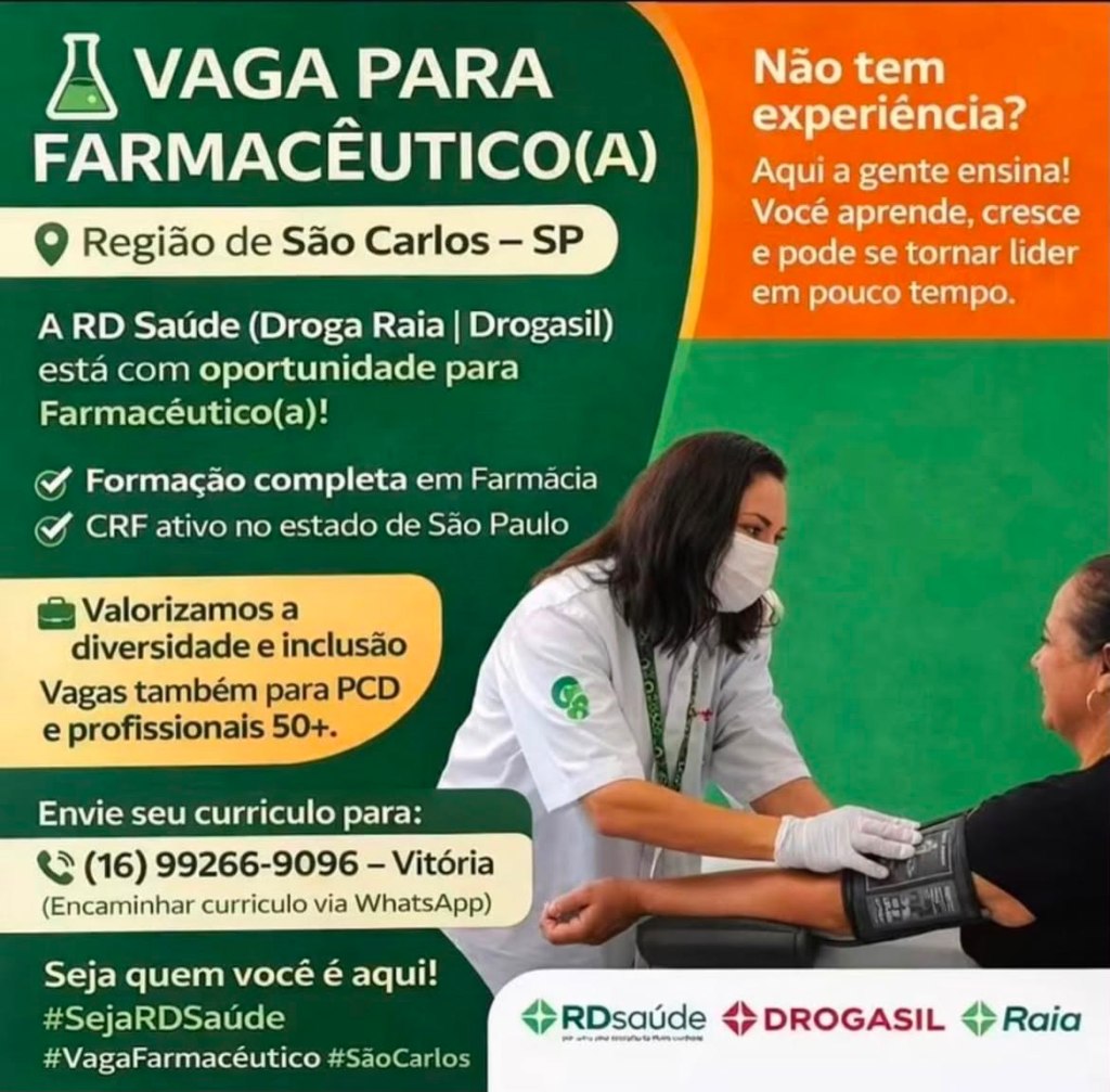 Droga Raia está contratando farmacêuticos e atendentes de farmácia em São Carlos e região. Há oportunidade que não exige experiência. Veja os requisitos.