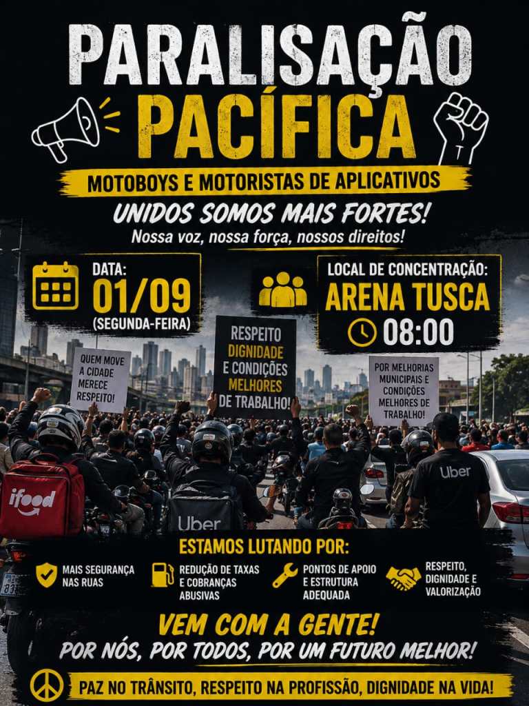 Motoboys e motoristas de aplicativos anunciam paralisação pacífica para 1º de setembro, com concentração às 8h na Arena Tusca