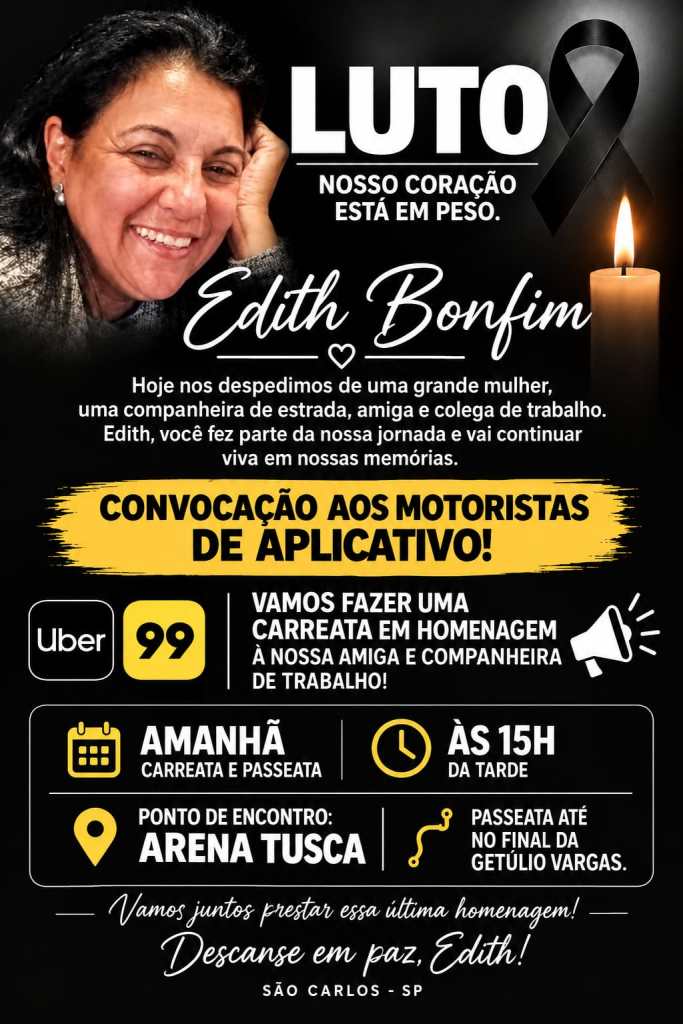 Motoristas de aplicativo fazem carreata em São Carlos em homenagem a colega morta em São Carlos