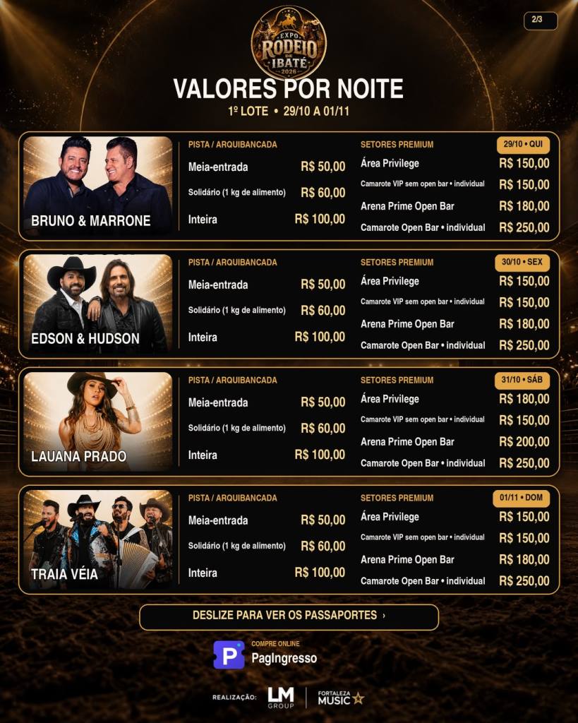 Expo Rodeio de Ibaté 2026 abre venda do 1º lote. Veja preços dos ingressos e passaportes e os shows de Bruno & Marrone, Edson & Hudson, Lauana Prado e Traia Véia.