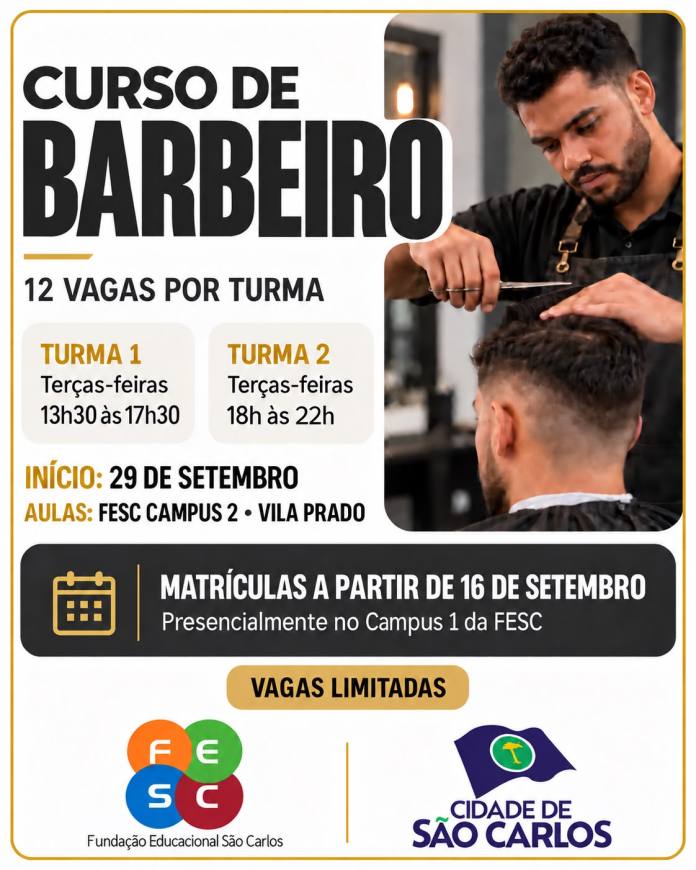 FESC abre 24 vagas para curso gratuito de barbeiro em São Carlos; matrículas começam nesta quarta FESC abre 24 vagas para curso gratuito de barbeiro em São Carlos; matrículas começam nesta quarta
