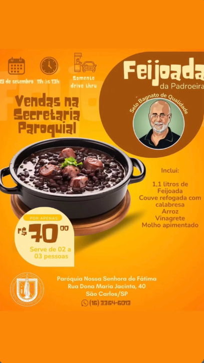 Feijoada da Padroeira acontece neste sábado em São Carlos; kit serve até 3 pessoas Feijoada da Padroeira acontece neste sábado em São Carlos; kit serve até 3 pessoas