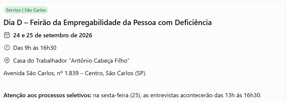 São Carlos terá feirão de emprego para pessoas com deficiência nos dias 24 e 25 de setembro. Confira vagas, serviços, horários e local
