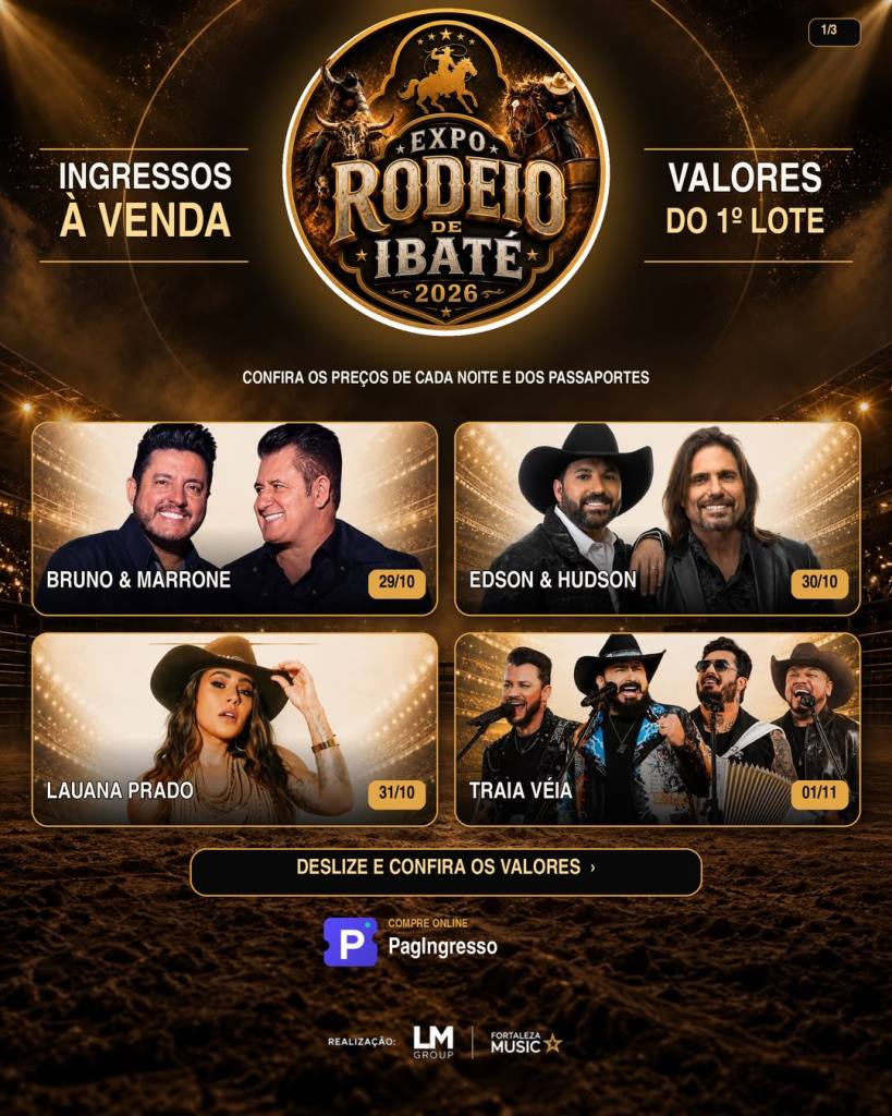 Expo Rodeio de Ibaté 2026 abre venda do 1º lote. Veja preços dos ingressos e passaportes e os shows de Bruno & Marrone, Edson & Hudson, Lauana Prado e Traia Véia.
