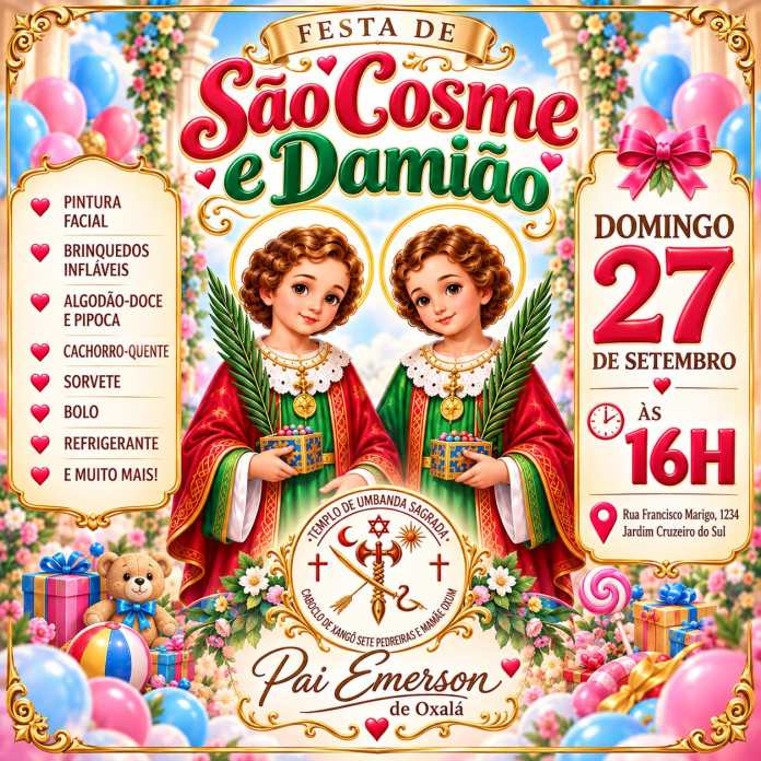 Festa de São Cosme e Damião terá distribuição de doces e atividades para crianças em São Carlos Festa de São Cosme e Damião terá distribuição de doces e atividades para crianças em São Carlos