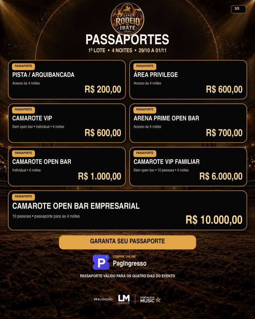 Expo Rodeio de Ibaté 2026 abre venda do 1º lote. Veja preços dos ingressos e passaportes e os shows de Bruno & Marrone, Edson & Hudson, Lauana Prado e Traia Véia.