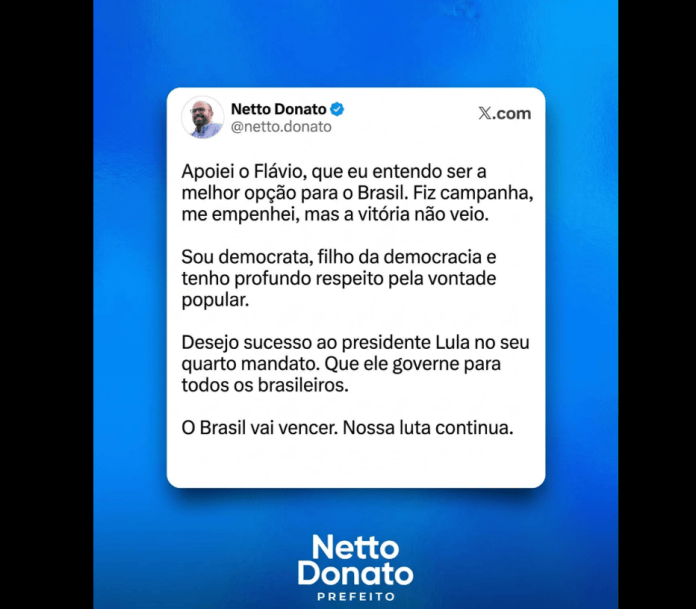Netto Donato reconhece vitória de Lula