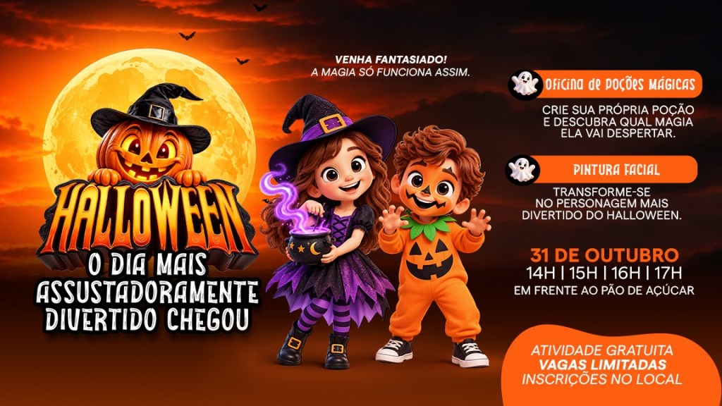Halloween no Shopping São Carlos terá oficina gratuita de poções mágicas e pintura facial infantil no sábado, 31 de outubro.