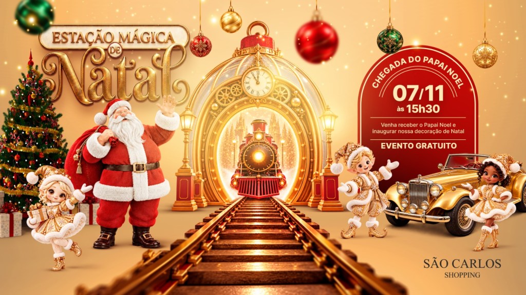 Decoração de Natal do Shopping São Carlos com árvore de nove metros, locomotiva temática e chegada do Papai Noel em novembro de 2026.