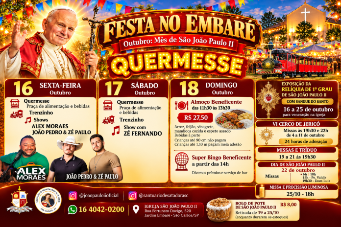 Festa de São João Paulo II terá quermesse, shows, bingo e exposição de relíquia em São Carlos Festa de São João Paulo II terá quermesse, shows, bingo e exposição de relíquia em São Carlos